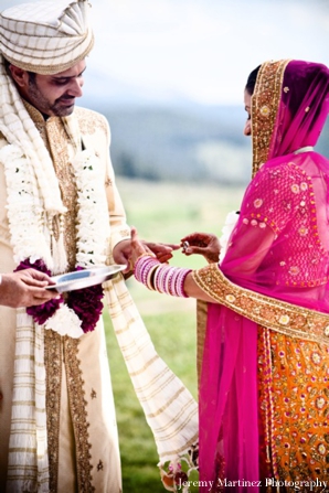 indian-wedding-ceremony-bride-and-groom-outdoor-nature-lengha-hot-pink-orange