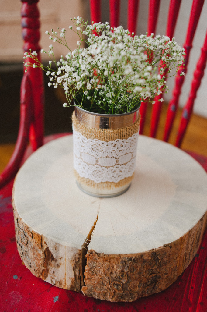 Tin Cans wrapped with lace and burlap