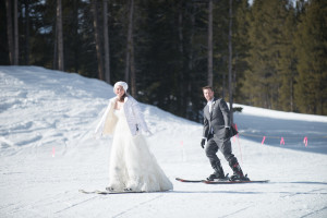 Married Couple Skiing after Copper Mountain Wedding
